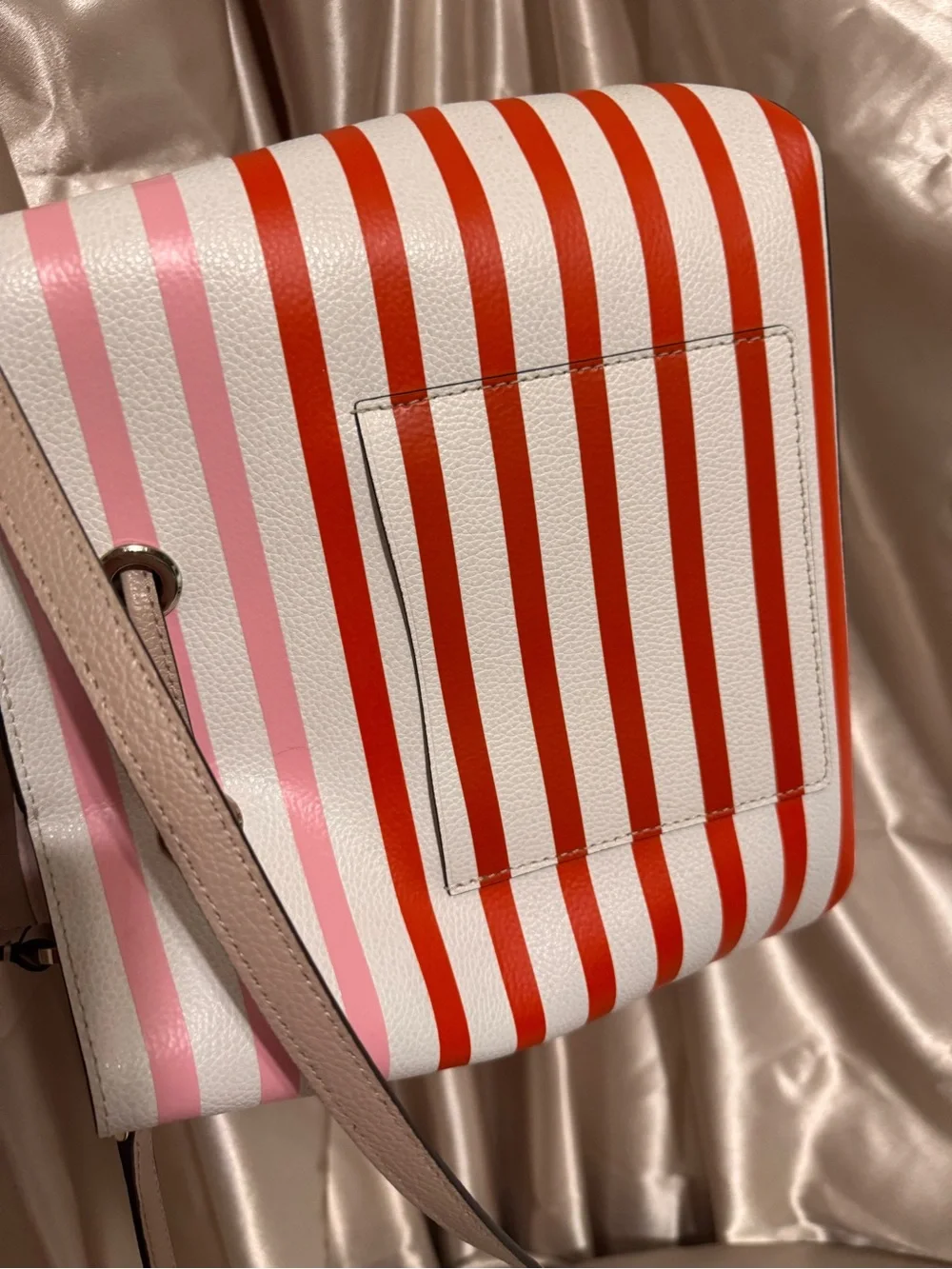 kate spade White, Pink & Red Striped Leather Drawstring Bucket Bag